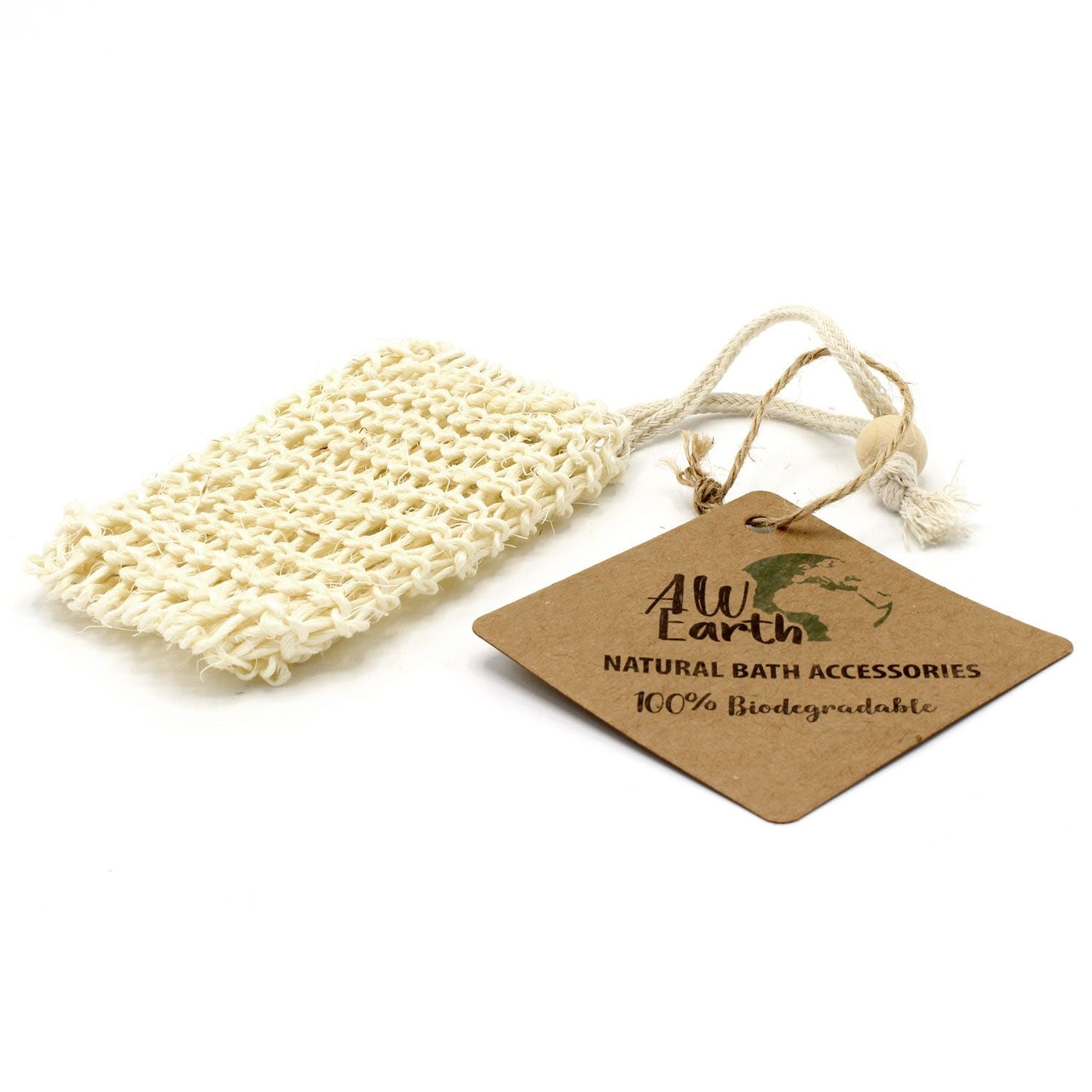 Textured cream-coloured sisal soap bag with a drawstring closure for exfoliation and soap saving.