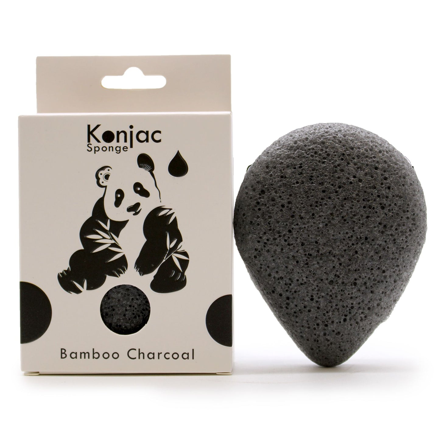 Dark grey teardrop-shaped konjac sponge with a porous texture and a small hanging string.