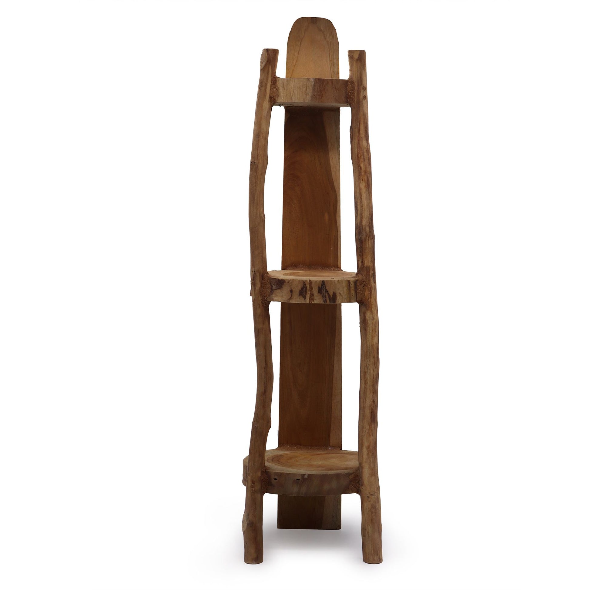 Three-tier natural teak corner shelving unit with a smooth wood finish and minimalist design.