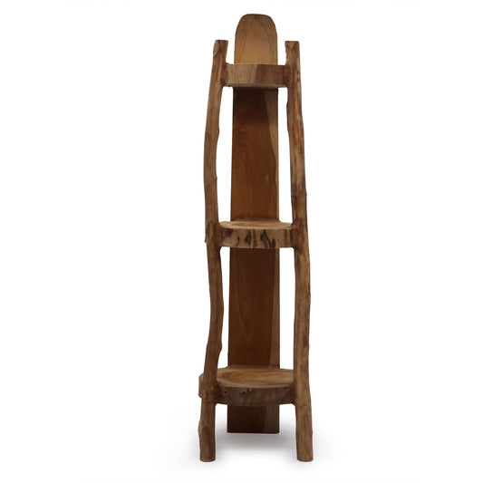 Three-tier natural teak corner shelving unit with a smooth wood finish and minimalist design.