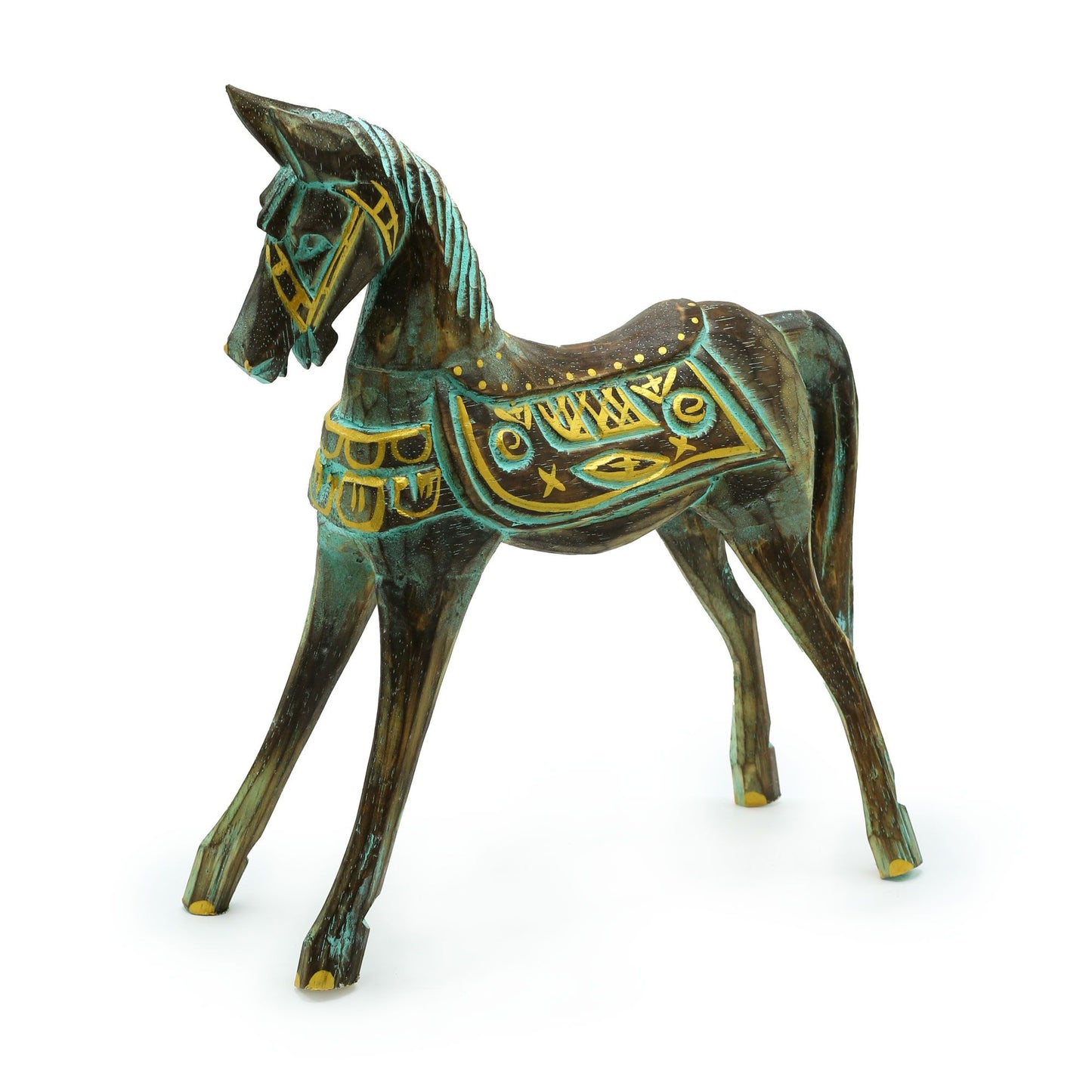 Handcrafted wooden horse statue with intricate gold and turquoise carvings on a natural wood finish, standing 32cm tall.