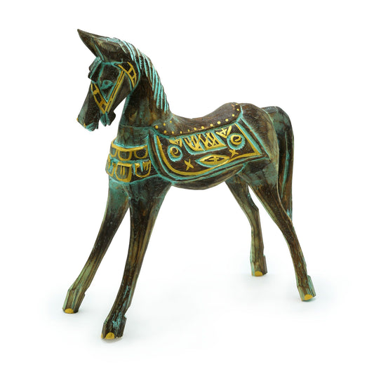 Handcrafted wooden horse statue with intricate gold and turquoise carvings on a natural wood finish, standing 32cm tall.