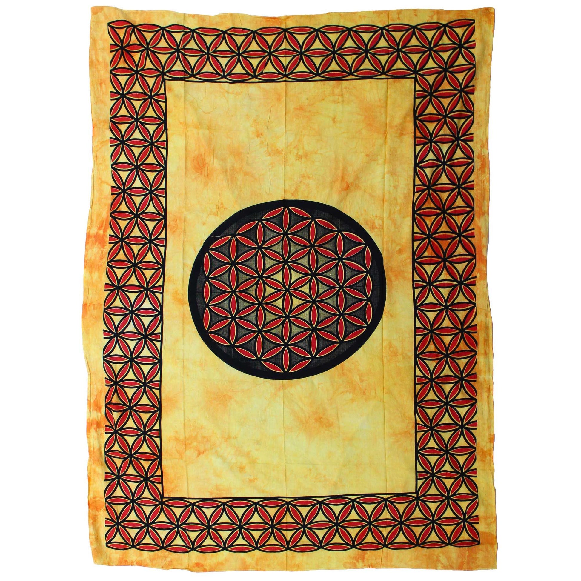Vibrant orange cotton bedspread featuring a large white Flower of Life geometric pattern in the centre.