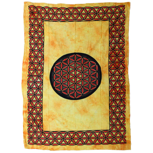 Vibrant orange cotton bedspread featuring a large white Flower of Life geometric pattern in the centre.
