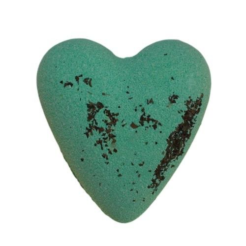 Heart-shaped green bath fizzers with a textured surface, perfect for a refreshing and aromatic bath experience.