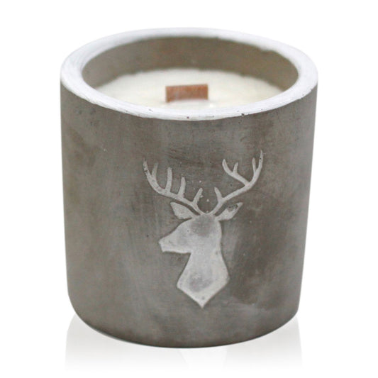 Handcrafted concrete pot candle with a stag head design, featuring a natural wooden wick and rustic grey finish.