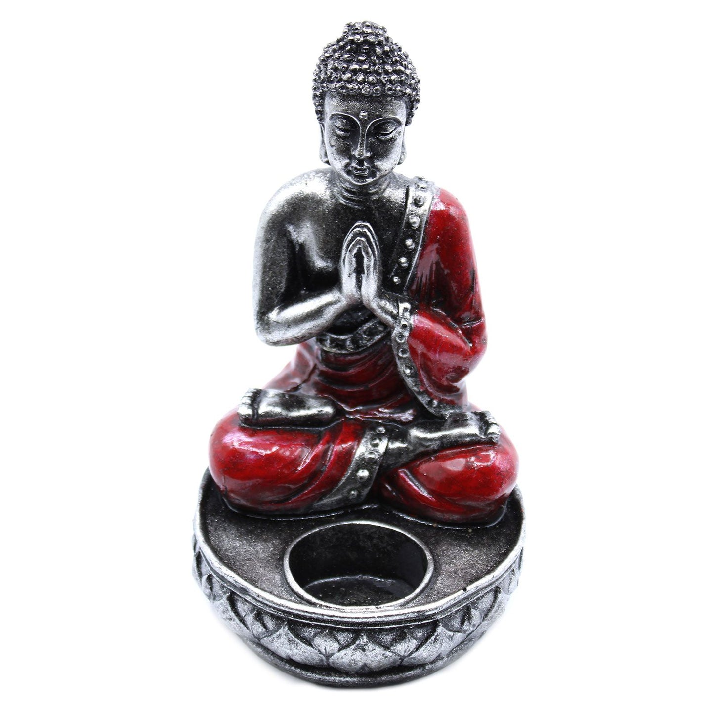 Hand-painted red resin Buddha statue in a Namaskara Mudra prayer gesture holding a small tea light candle.