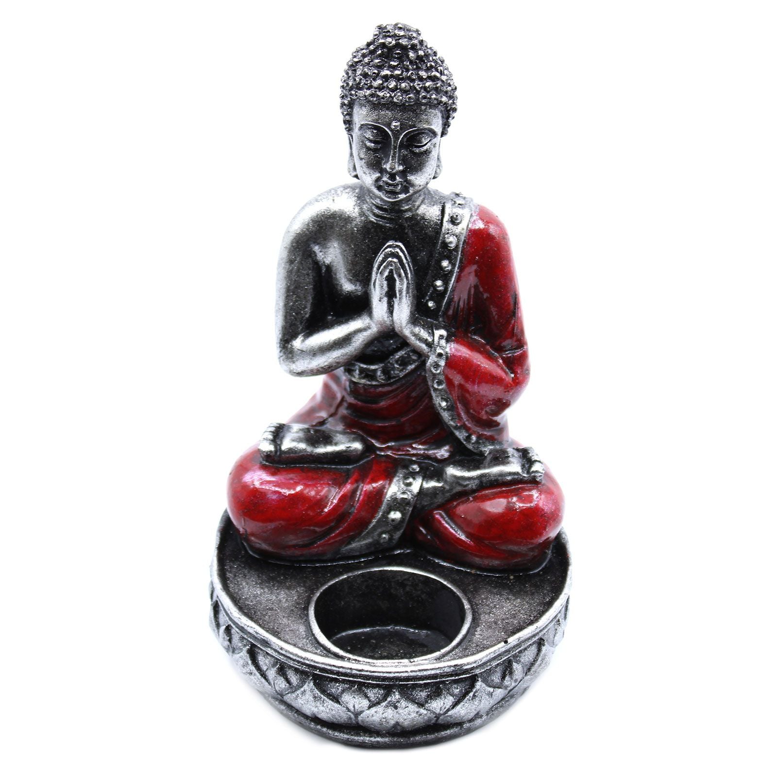Hand-painted red resin Buddha statue in a Namaskara Mudra prayer gesture holding a small tea light candle.