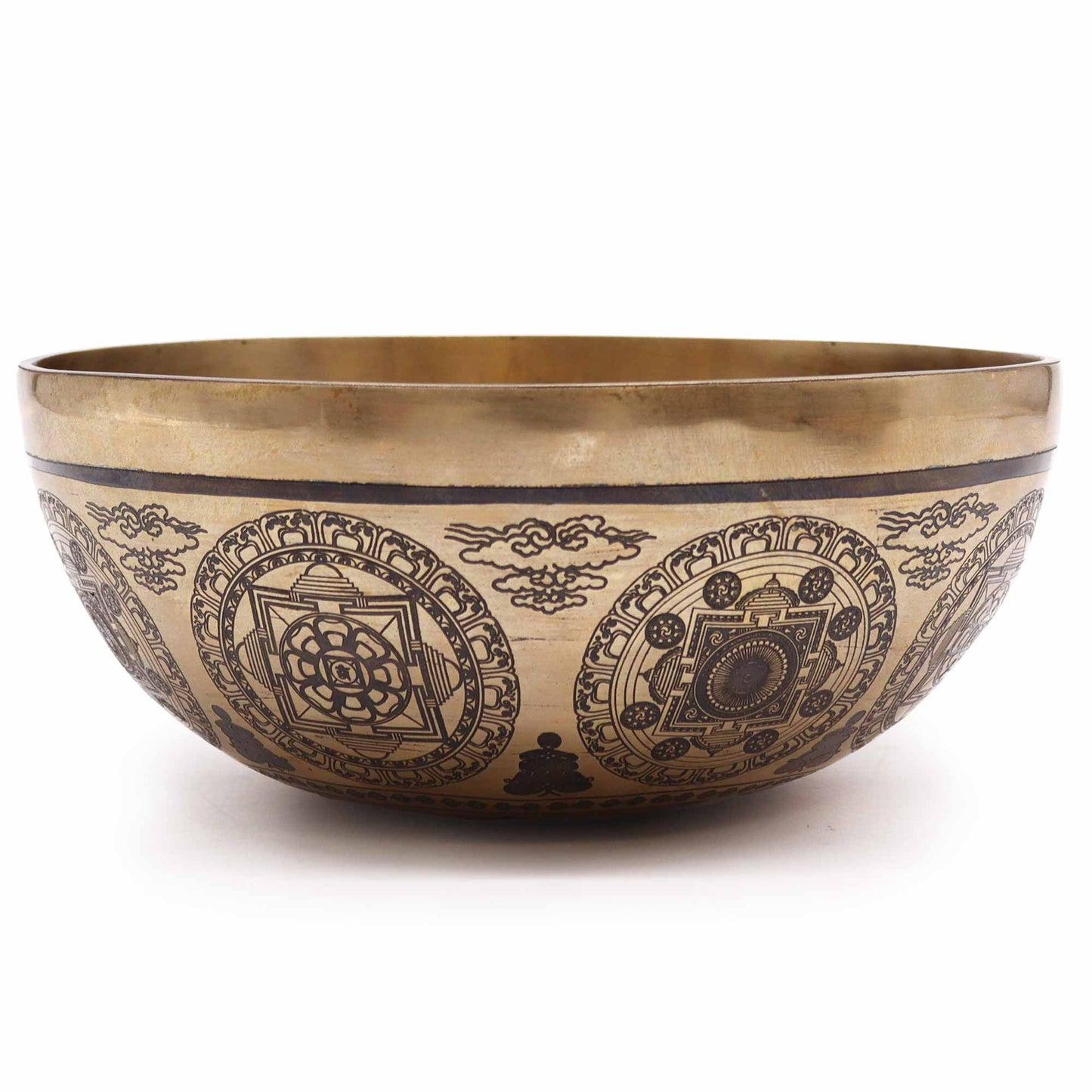 Large hand-engraved Tibetan singing bowl with sacred 7 Chakra and Flower of Life symbols on a metallic finish.