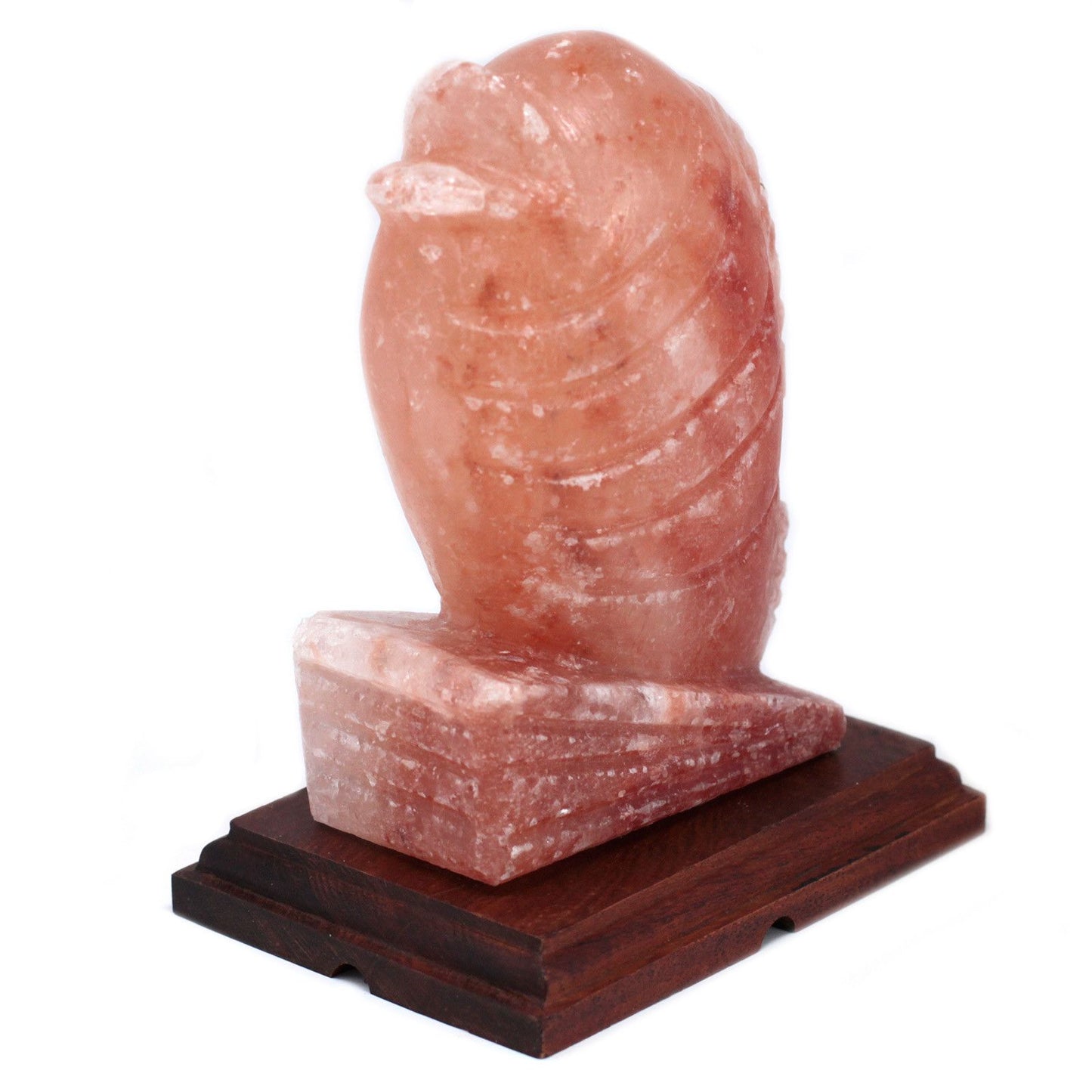 Hand-carved pink Himalayan salt lamp in the shape of a fish, emitting a warm orange glow on a wooden base.