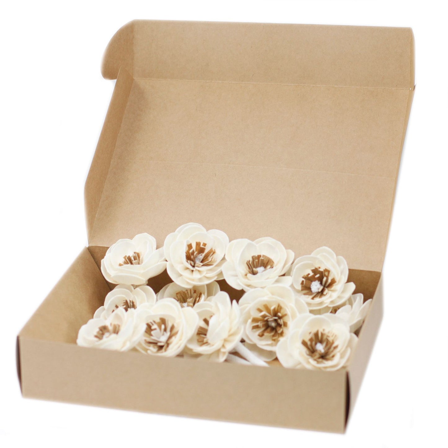 Handcrafted small poppy flower made from natural white sola wood attached to a cotton string for fragrance diffusion.