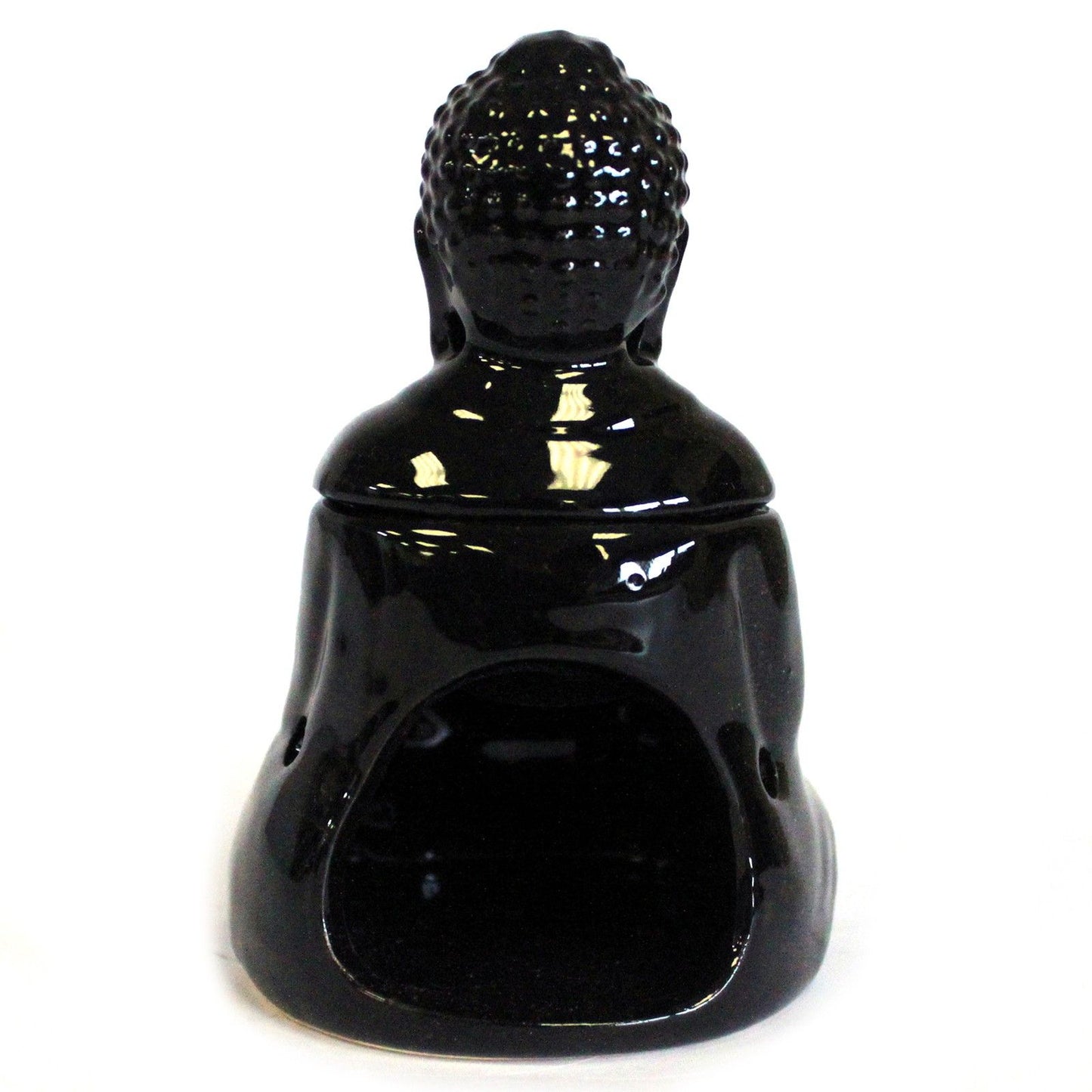 Elegant black ceramic oil burner shaped like a sitting Buddha with a glossy decorative glaze finish.