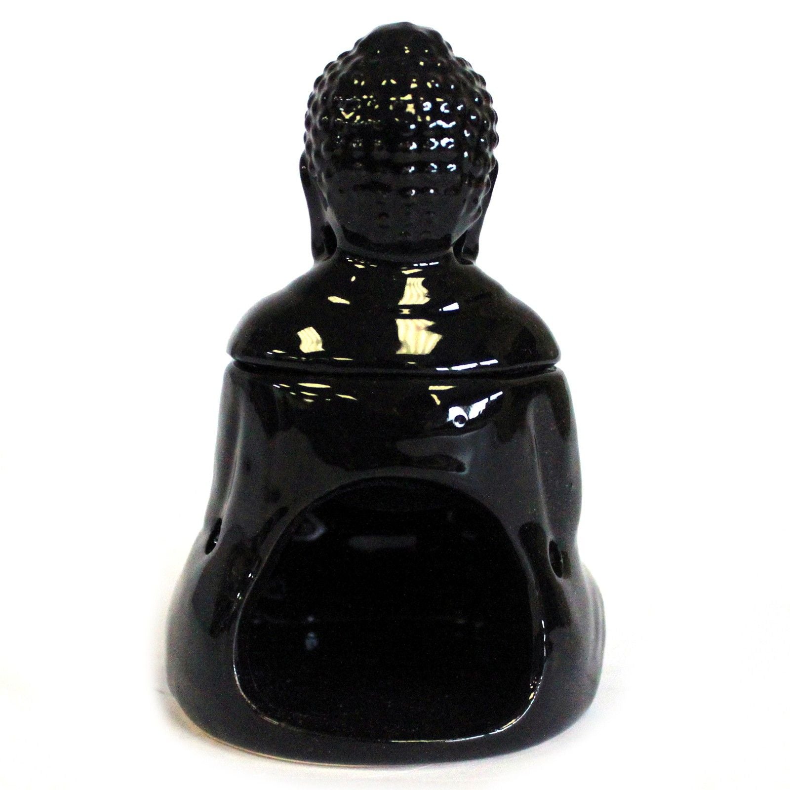 Elegant black ceramic oil burner shaped like a sitting Buddha with a glossy decorative glaze finish.