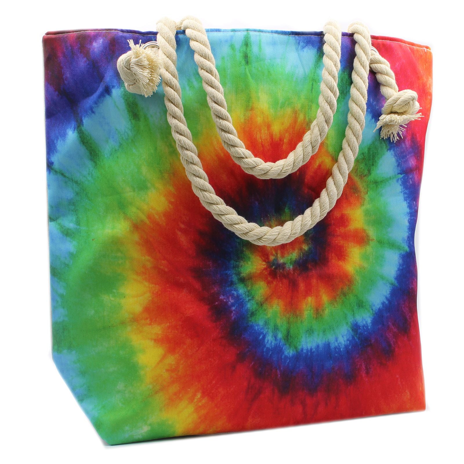 Large tote bag with a vibrant multicoloured psychedelic splash print, dual shoulder straps, and a secure zip fastening.