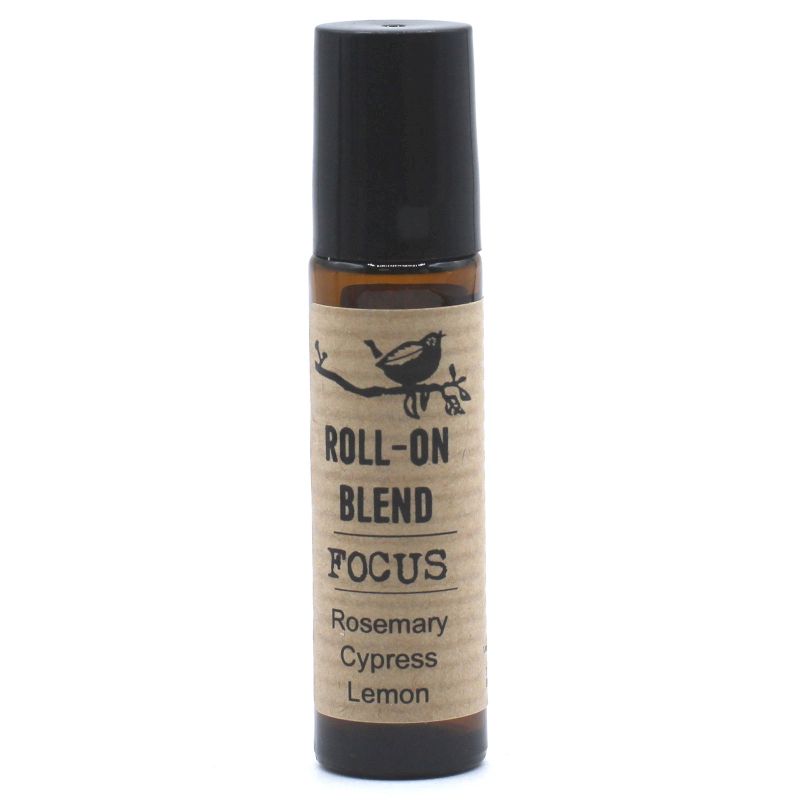 A small amber glass roll-on bottle with a black cap, containing a clear herbal essential oil blend for concentration.