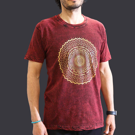 Medium maroon stonewashed t-shirt featuring a large intricate mandala design on the front.