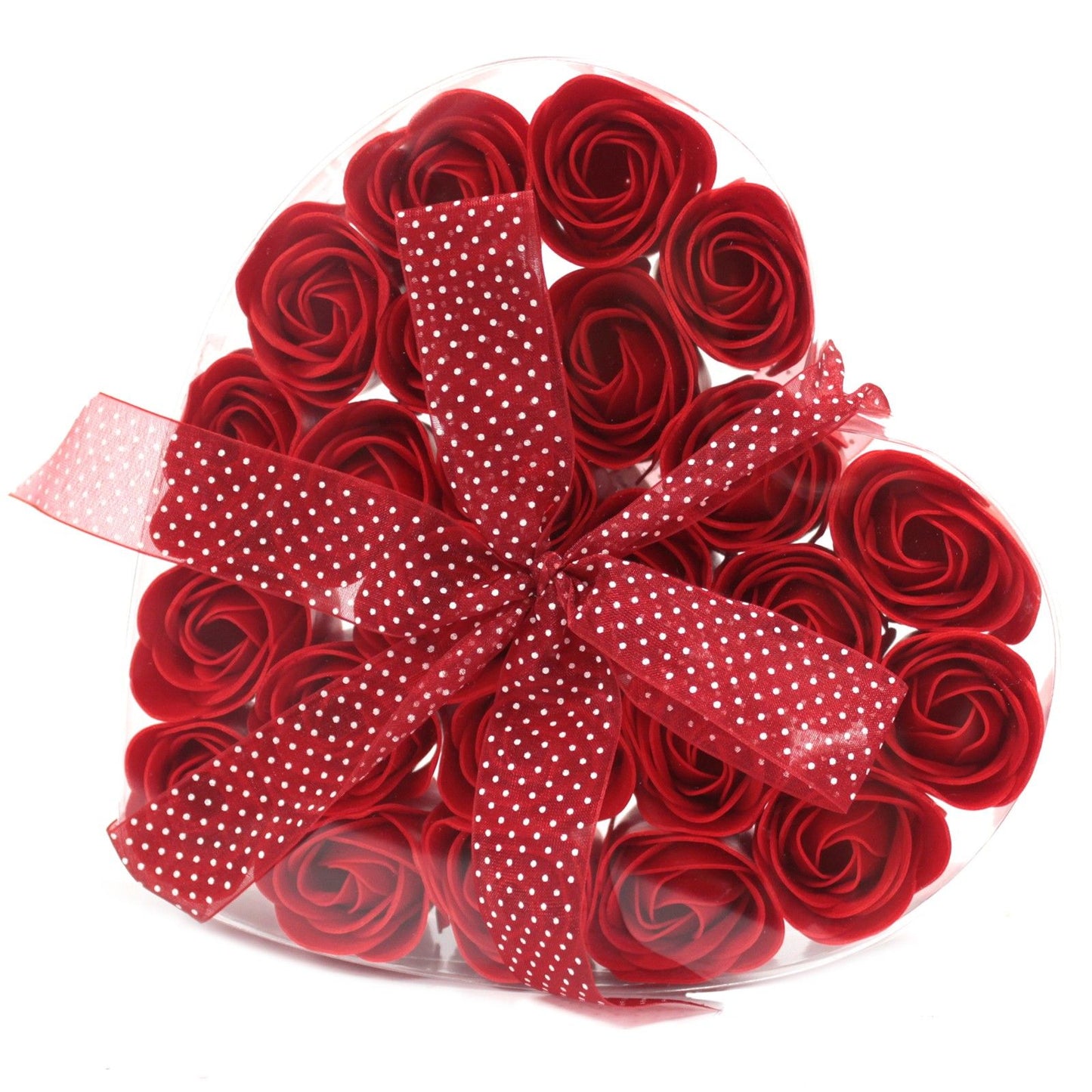 Heart-shaped gift box filled with twenty-four realistic red rose luxury soap flowers.