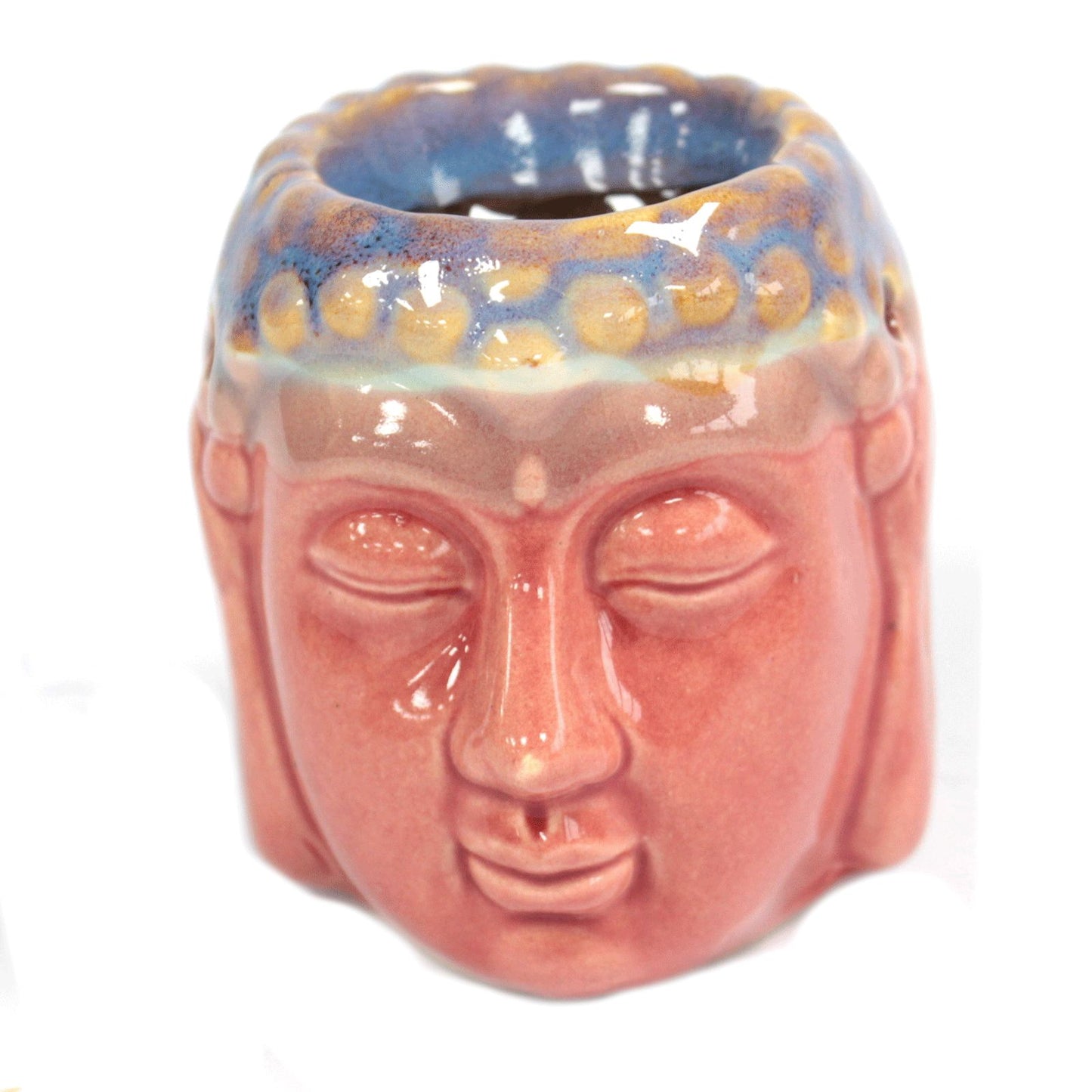 Ceramic Buddha head oil burner with a decorative rose and teal glazed finish.