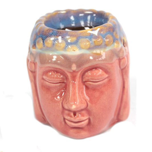 Ceramic Buddha head oil burner with a decorative rose and teal glazed finish.