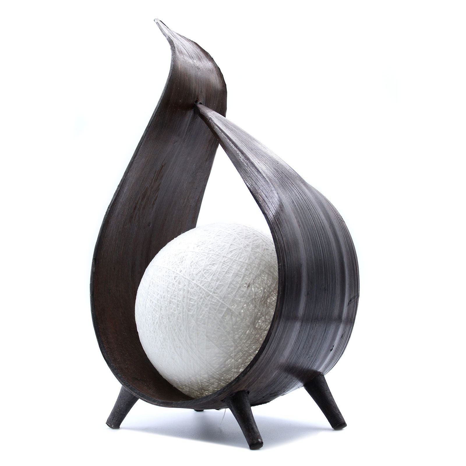 Handcrafted coconut shell lamp featuring a unique chocolate brown wrapover twist design with warm light filtering through.