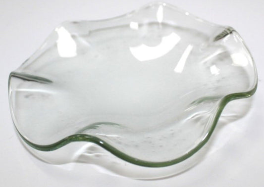 A clear, circular replacement glass dish for fragrance oil burners, measuring 9.8cm in diameter.