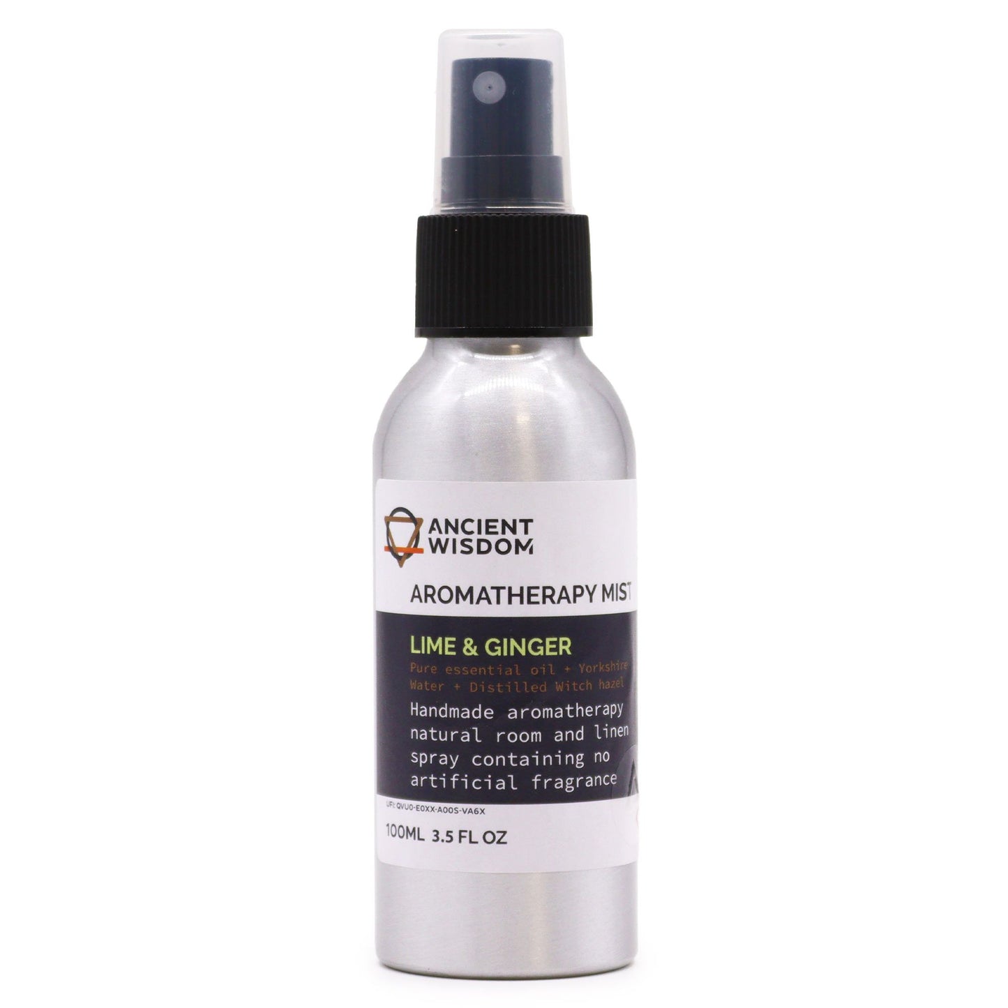 Clear 100ml spray bottle filled with Lime and Ginger essential oil mist, showing a refreshing aromatherapy spray.