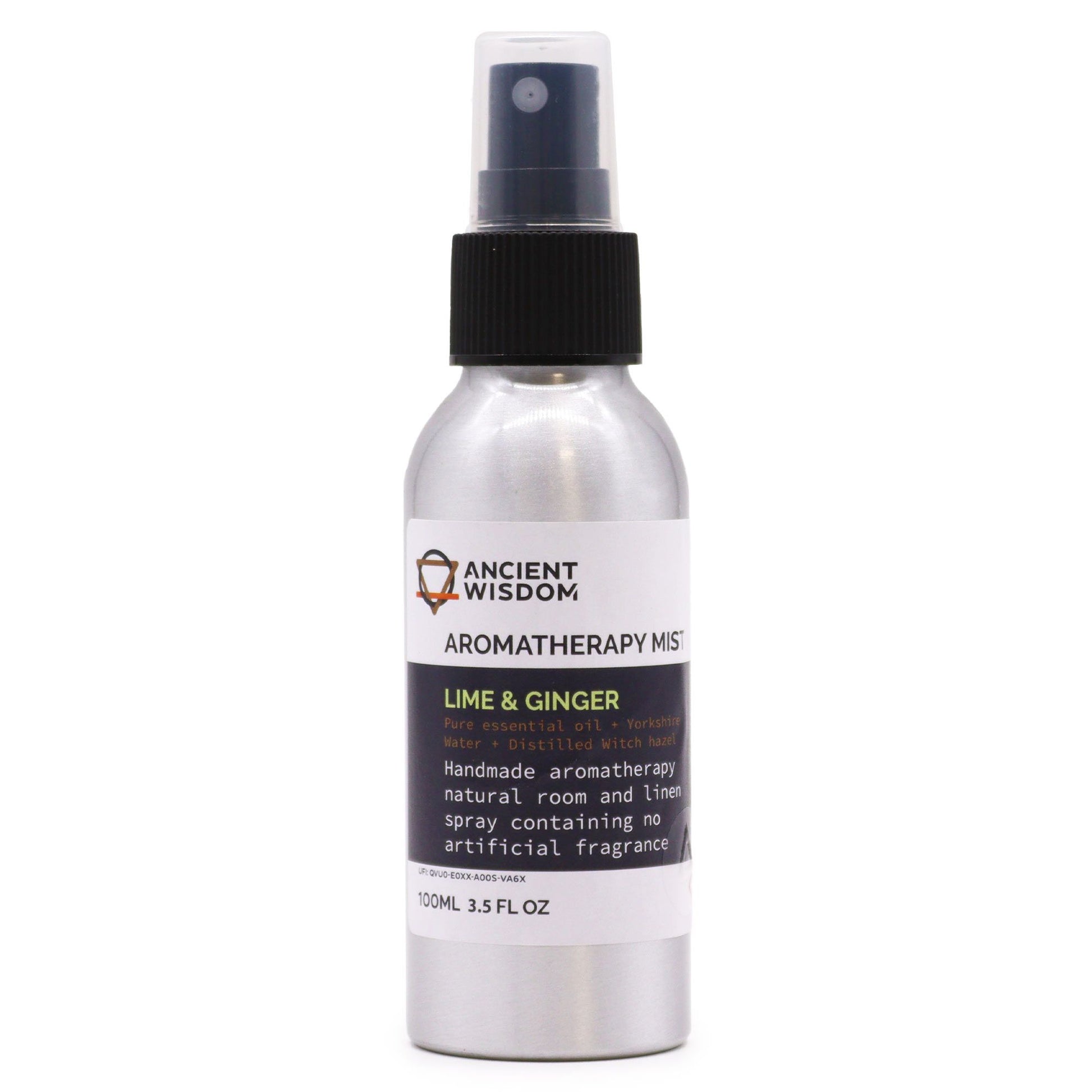 Clear 100ml spray bottle filled with Lime and Ginger essential oil mist, showing a refreshing aromatherapy spray.