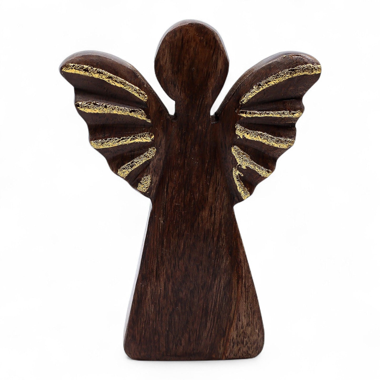 Hand-carved natural mango wood angel figurine with elegant shimmering gold wings standing on a flat wooden base.