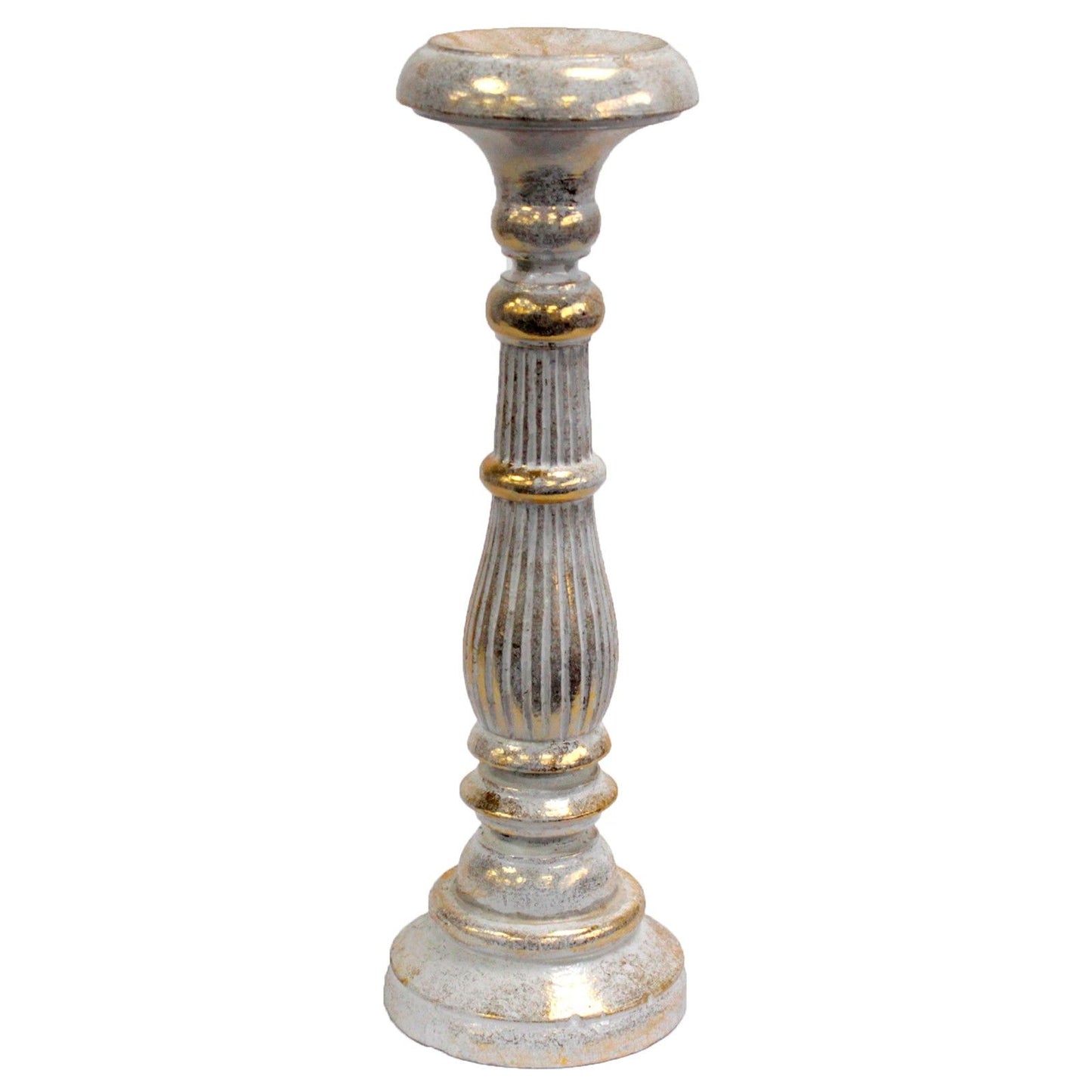 Large hand-carved wooden candlestick with an ornate white and gold finish, designed to hold church candles.