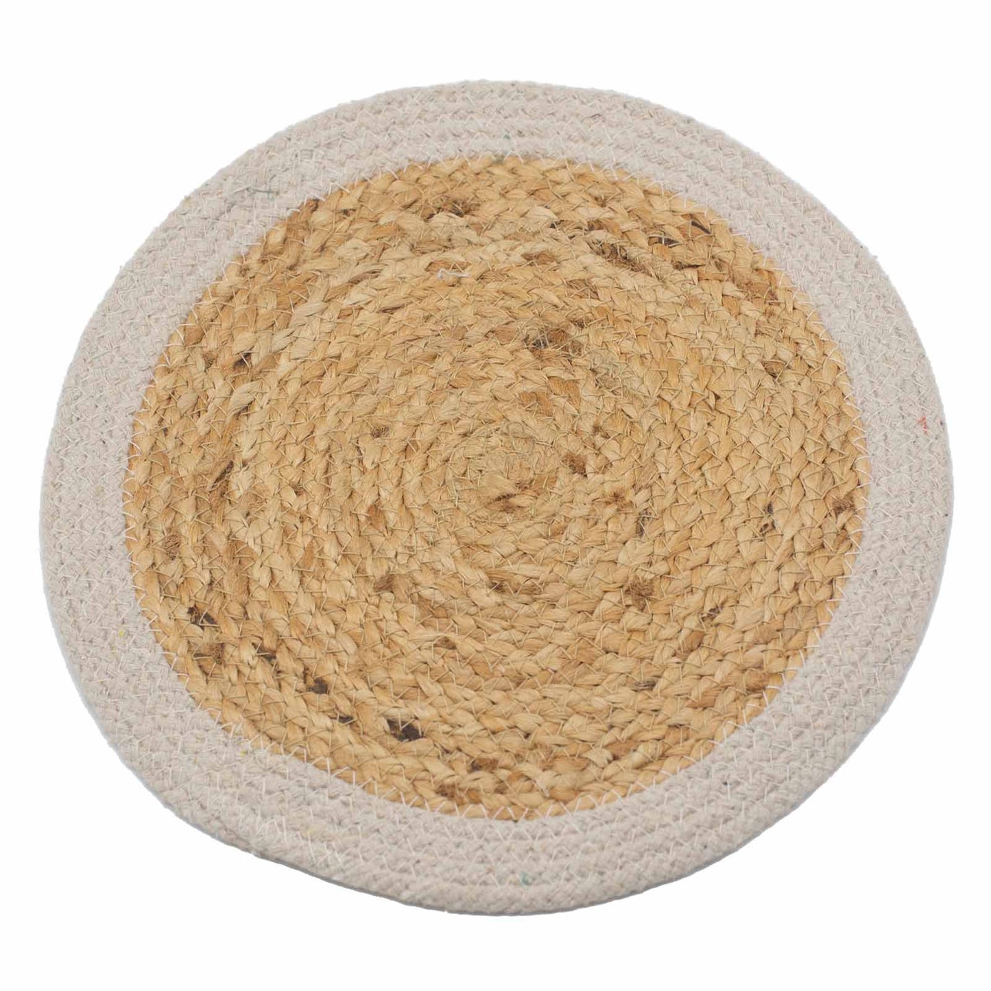 Round natural jute and cotton place mat with a contrasting ivory woven border on a wooden table.