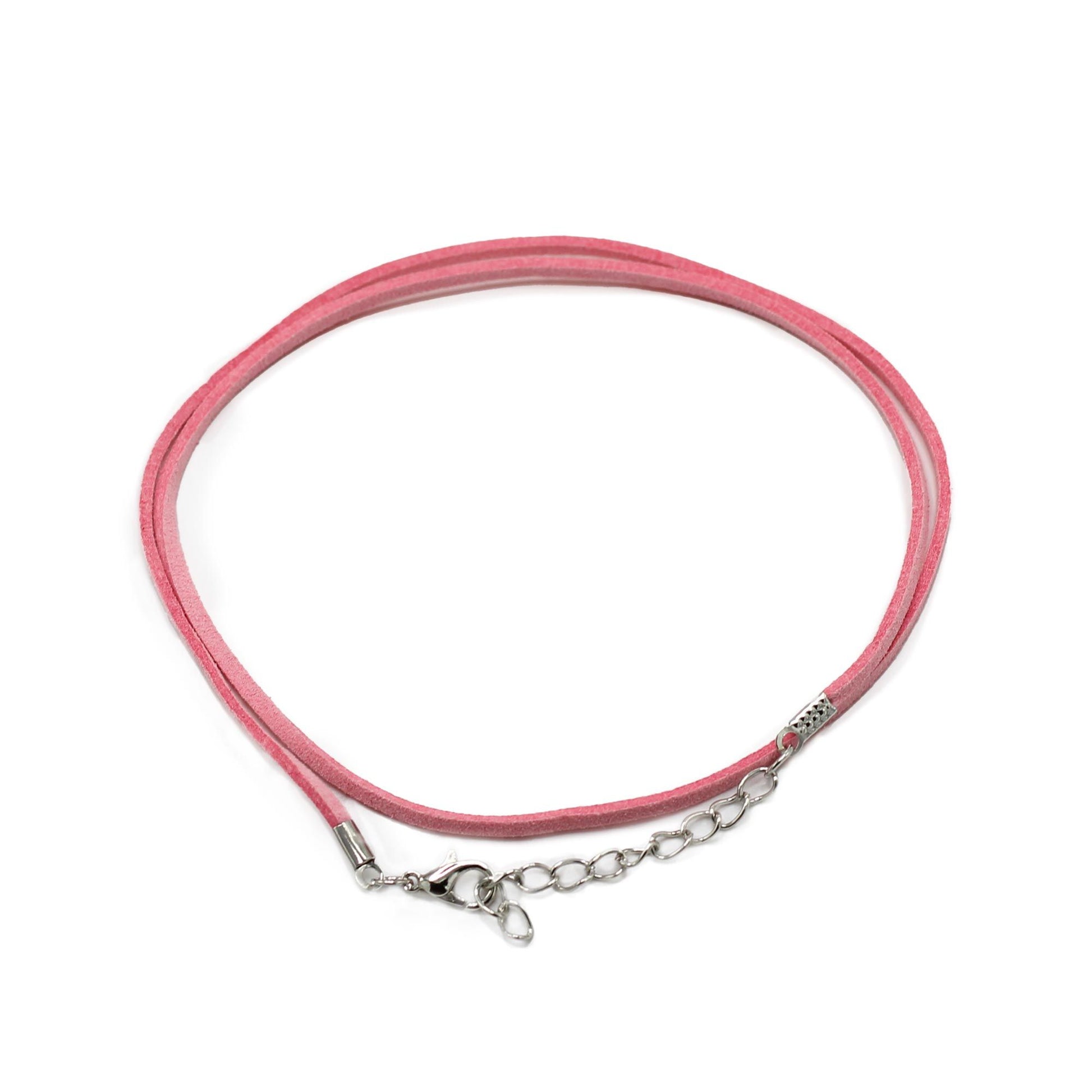 Close-up of a delicate pink faux suede jewellery cord with a silver-coloured clasp and extension chain.
