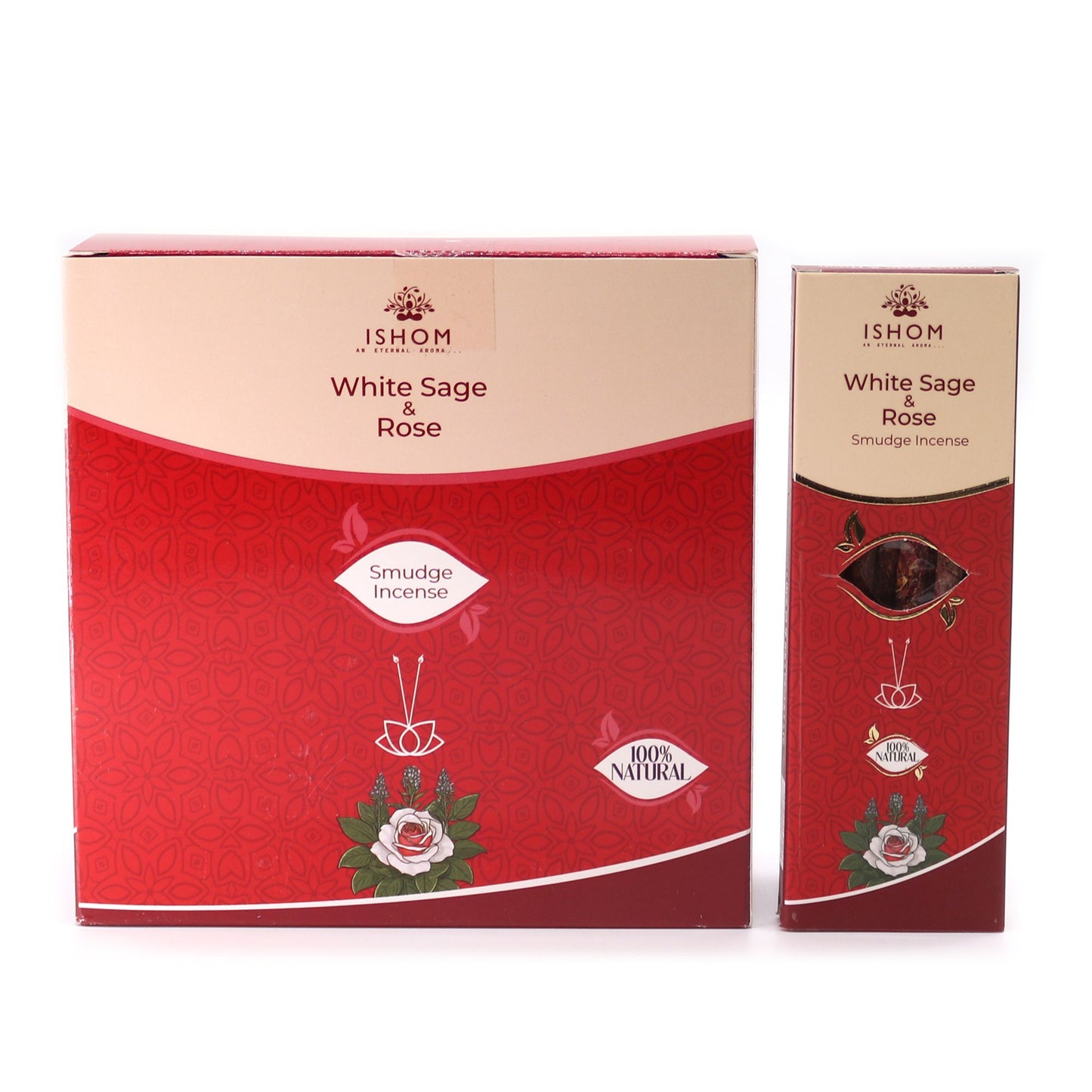 Hand-rolled smudge incense sticks with white sage and rose petals on a neutral background.