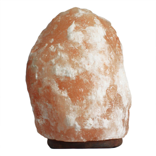 Large, natural-cut orange Himalayan salt lamp on a wooden base, emitting a warm ambient glow.