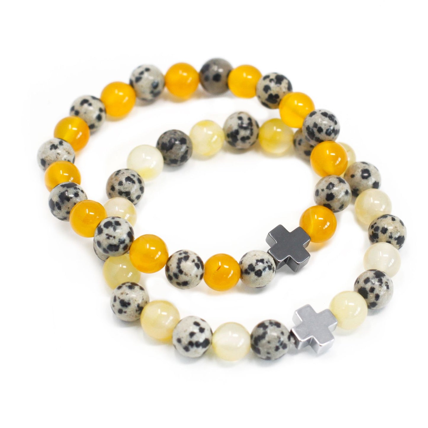 Two beaded stretch friendship bracelets featuring spotted Dalmatian Jasper and translucent Yellow Agate gemstones.