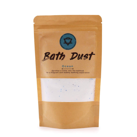 Sparkling blue and white bath dust in a clear bag, perfect for a refreshing and aromatic bathing experience.