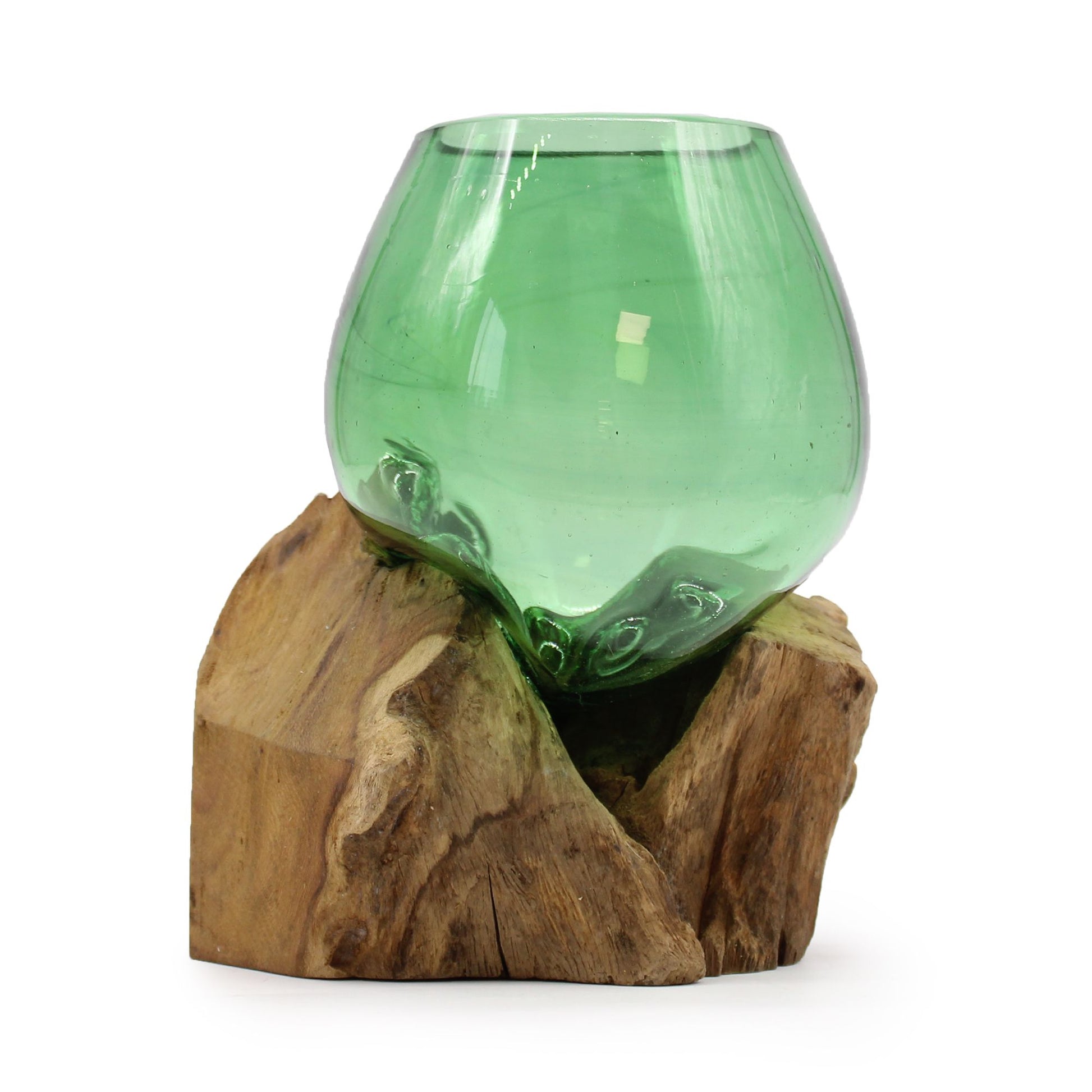 Small decorative bowl made from translucent recycled green glass molten over a natural rustic wood base.