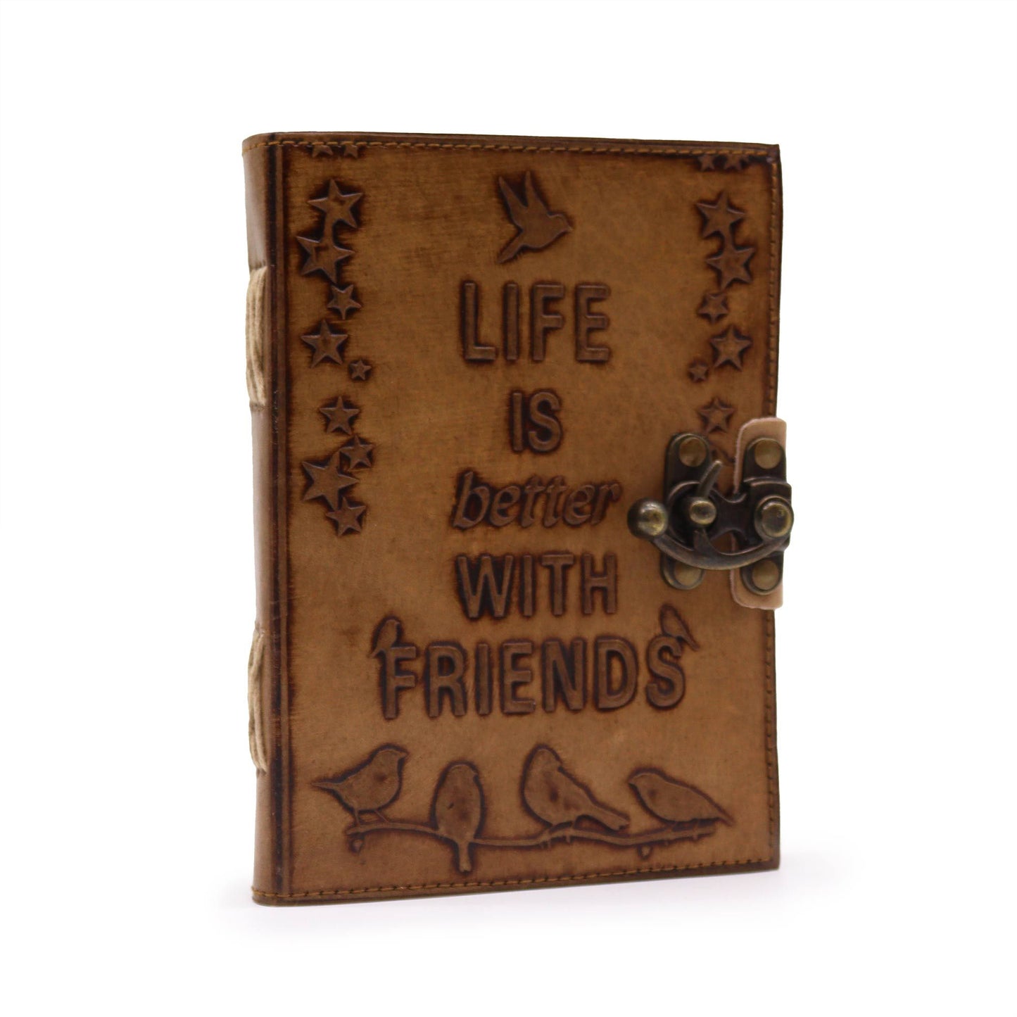Handmade light tan leather journal with embossed birds, stars, and friendship quote featuring an antique-style metal clasp.