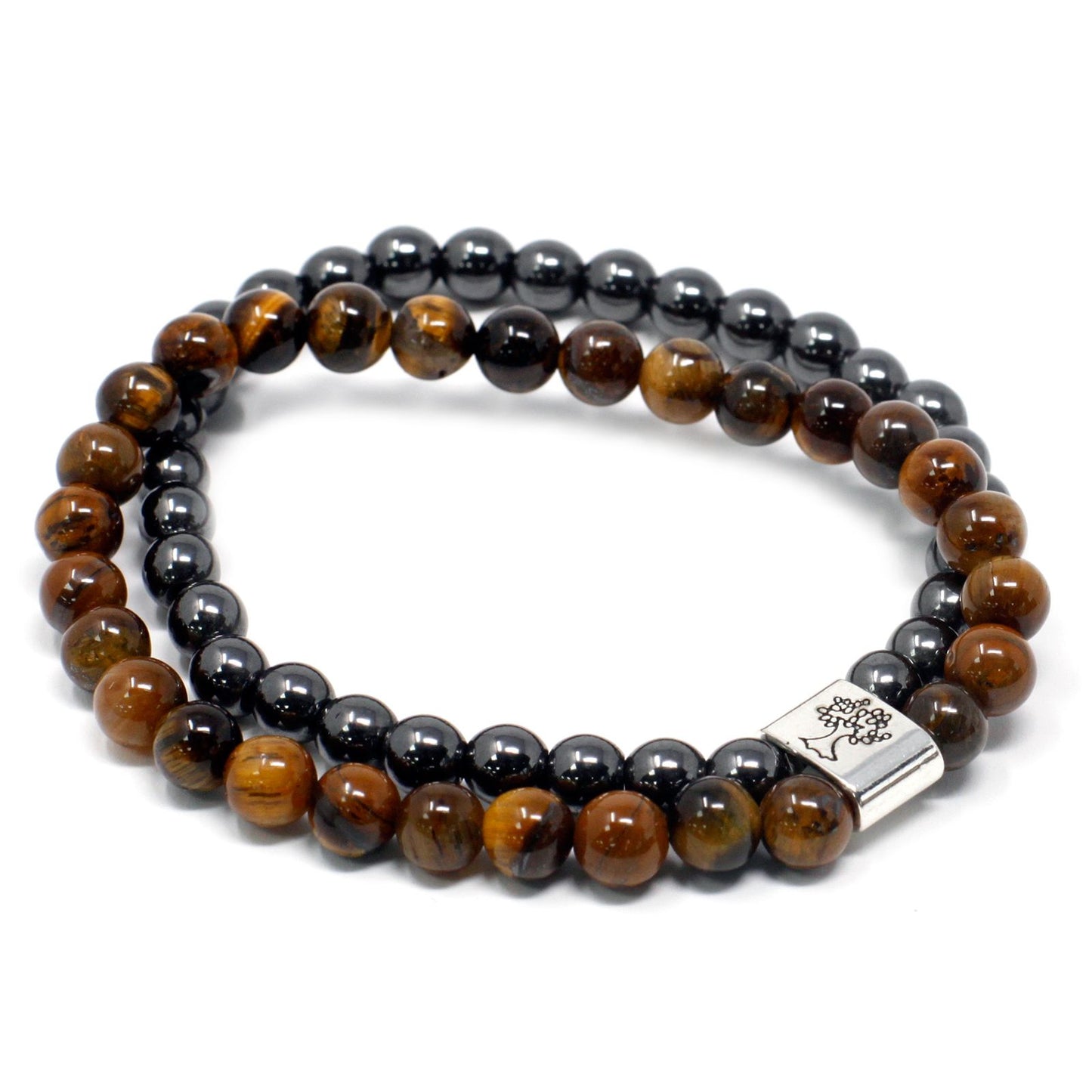 A round beaded magnetic gemstone bracelet featuring polished brown and gold banded tiger eye stones on an elastic cord.