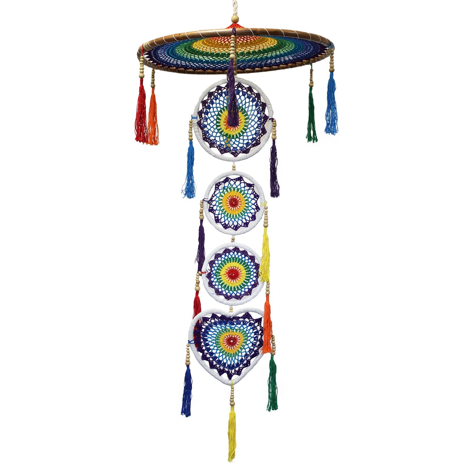 Extra large dreamcatcher with a vibrant multi-coloured rainbow design and intricate layered spiritual detailing.
