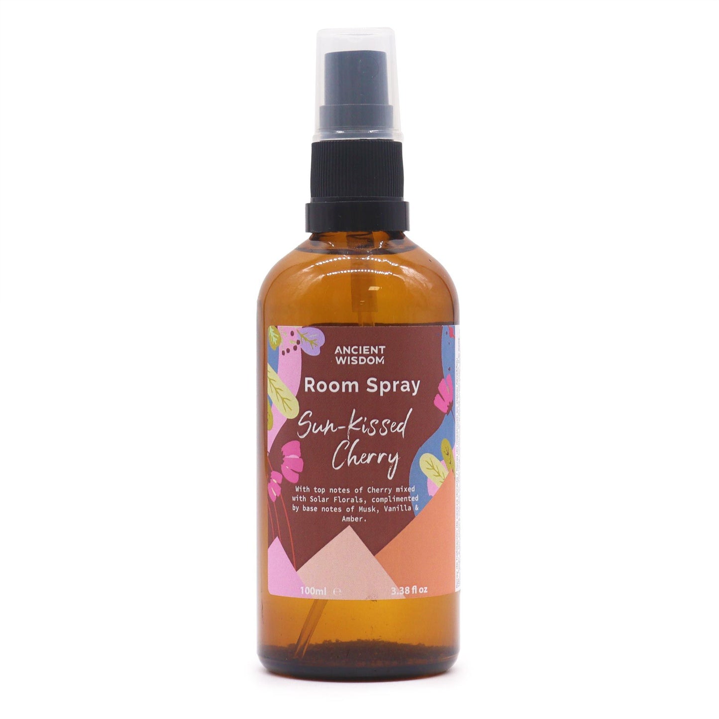 A clear glass 100ml room spray bottle containing sun-kissed cherry scented liquid with a silver spray nozzle.