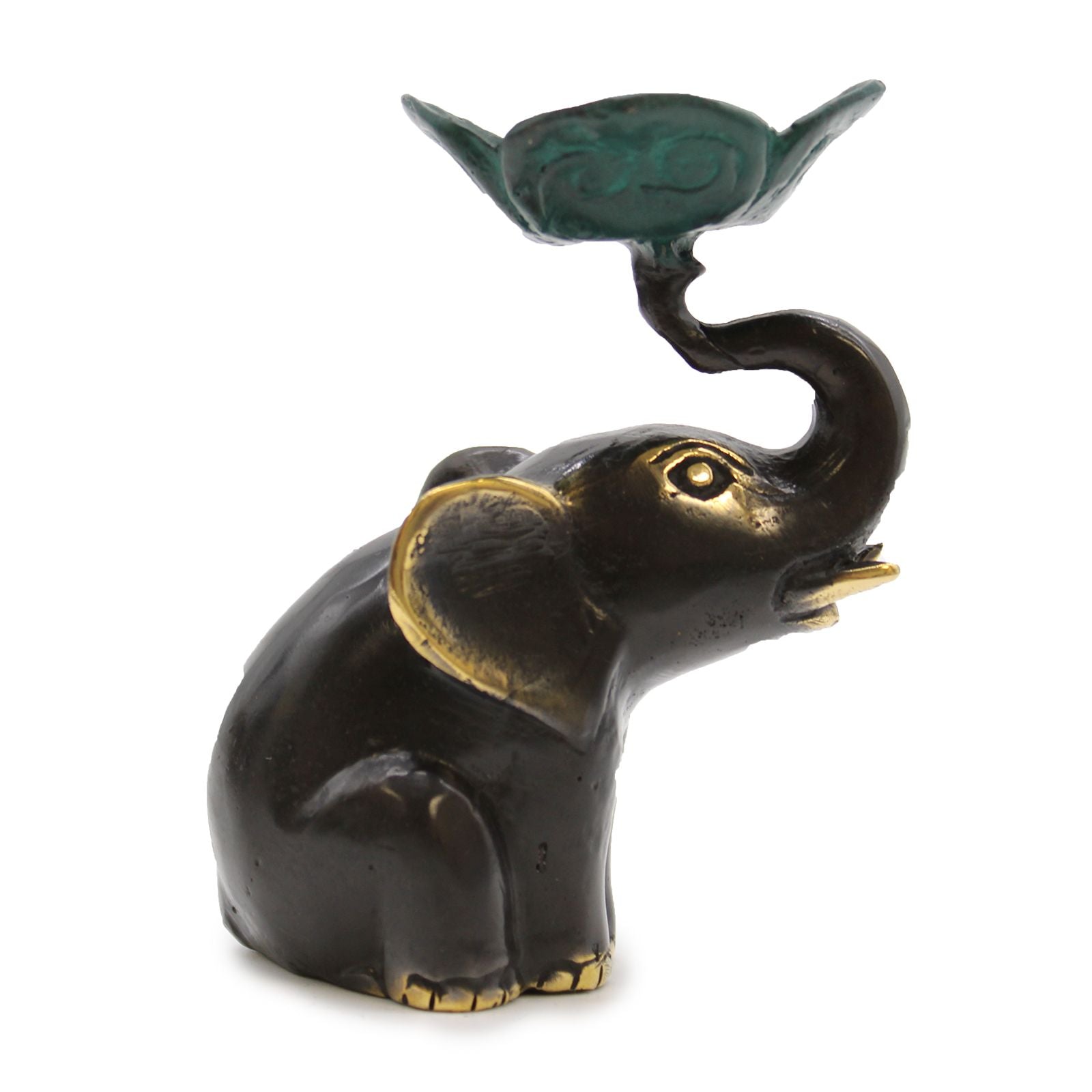 Detailed small brass elephant figurine designed to hold a single incense stick or small candle.
