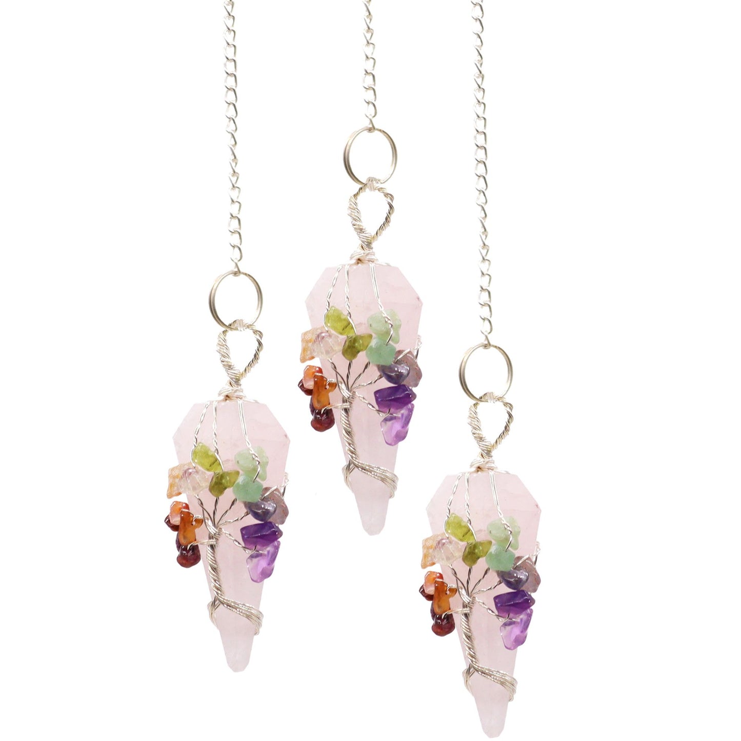 Rose quartz gemstone pendulum featuring a silver-tone chain adorned with seven small chakra-coloured stones.