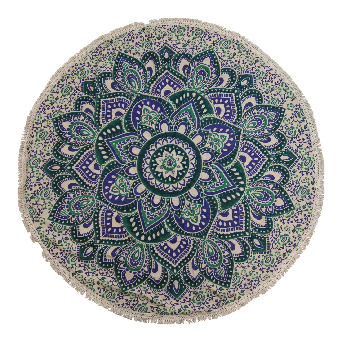 Small round cotton wall hanging featuring an intricate mandala pattern in soothing shades of teal and blue.
