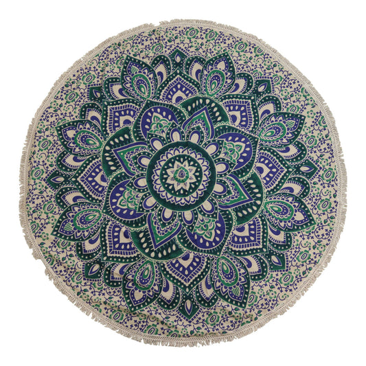 Small round cotton wall hanging featuring an intricate mandala pattern in soothing shades of teal and blue.