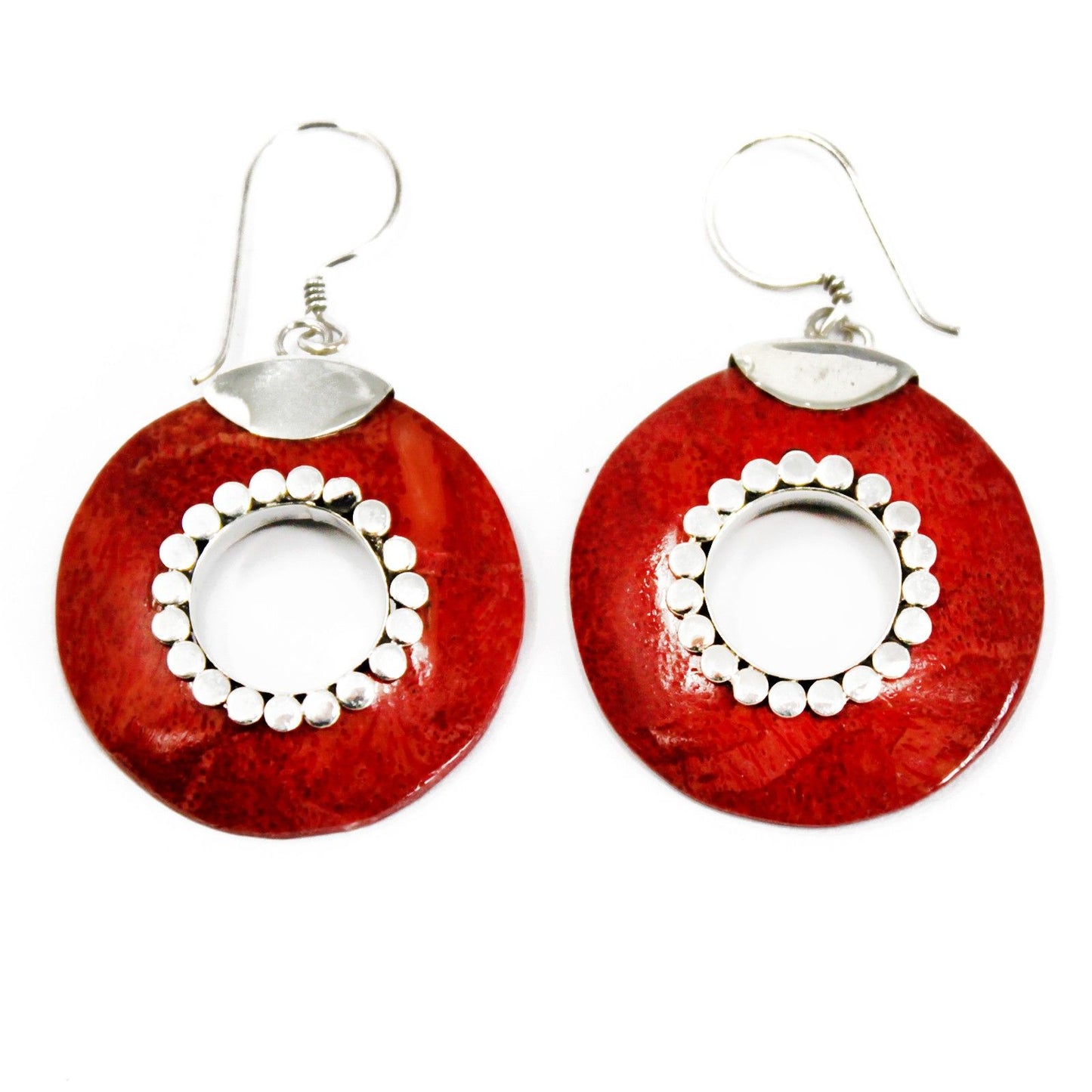 Pair of circular 925 silver earrings with bright red coral-effect resin donuts in a smooth, polished finish.