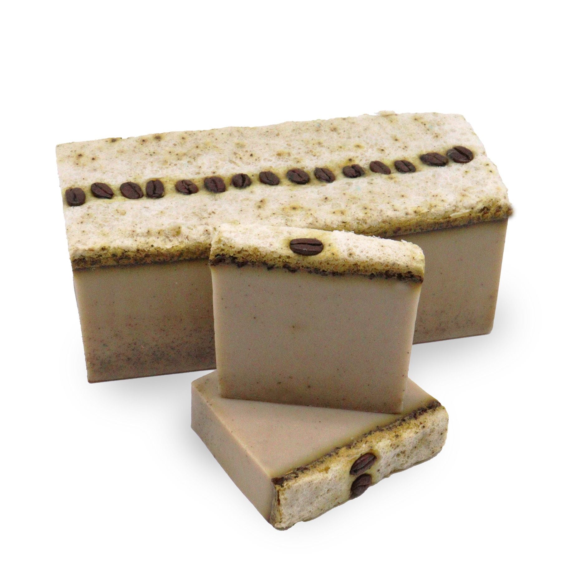 Large hand-crafted soap loaf with textured layers of creamy white and coffee brown, resembling a café latte.