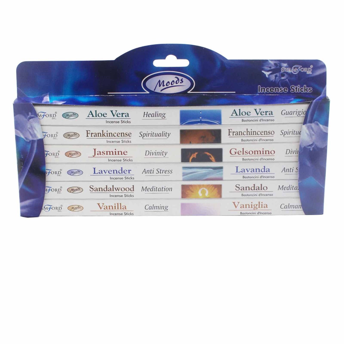 A collection of six colourful incense stick boxes arranged as a gift set for home fragrance and meditation.