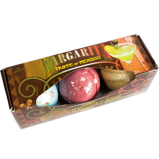 Gift set containing three lime-scented Margarita cocktail bath bombs in a neat presentation box.