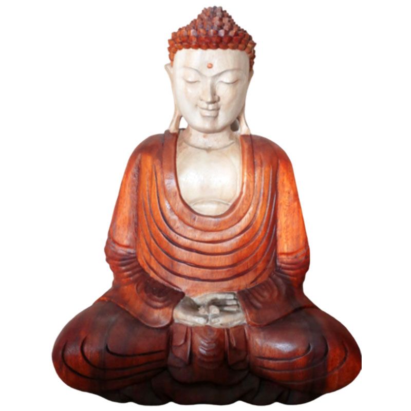 Detailed 40cm hand-carved wooden Buddha statue in a traditional pose made from natural Suar wood.