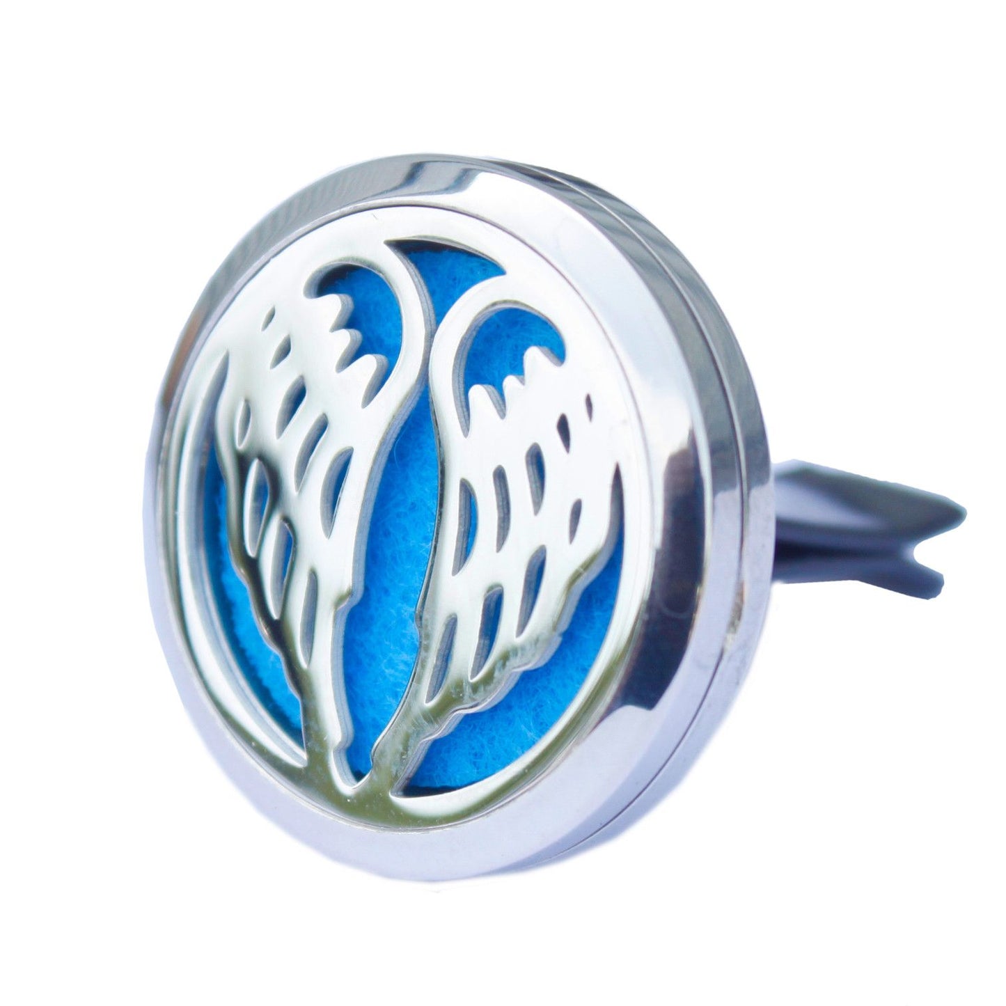Round silver aromatherapy car locket with an intricate angel wing cutout design and a clip for a car vent.